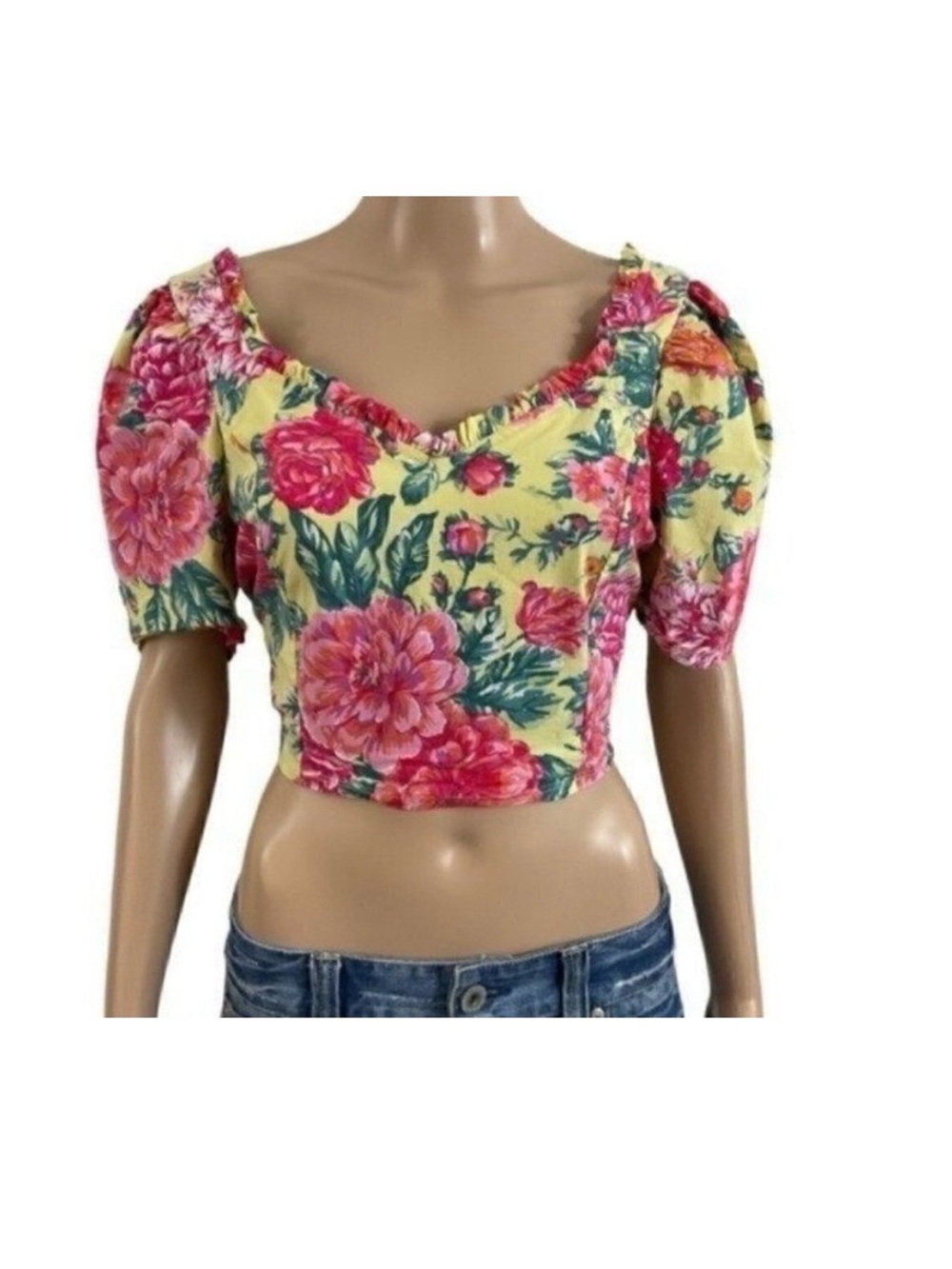 BLASHE Vibrant Floral Crop Top Rayon Spandex Blend Size Large